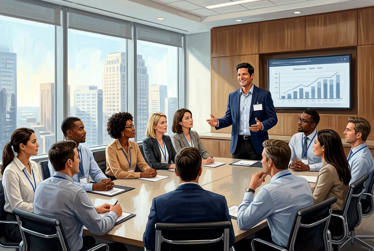 Illustrative scene of Eric presenting to business-casual attorneys with lanyards in a law office
