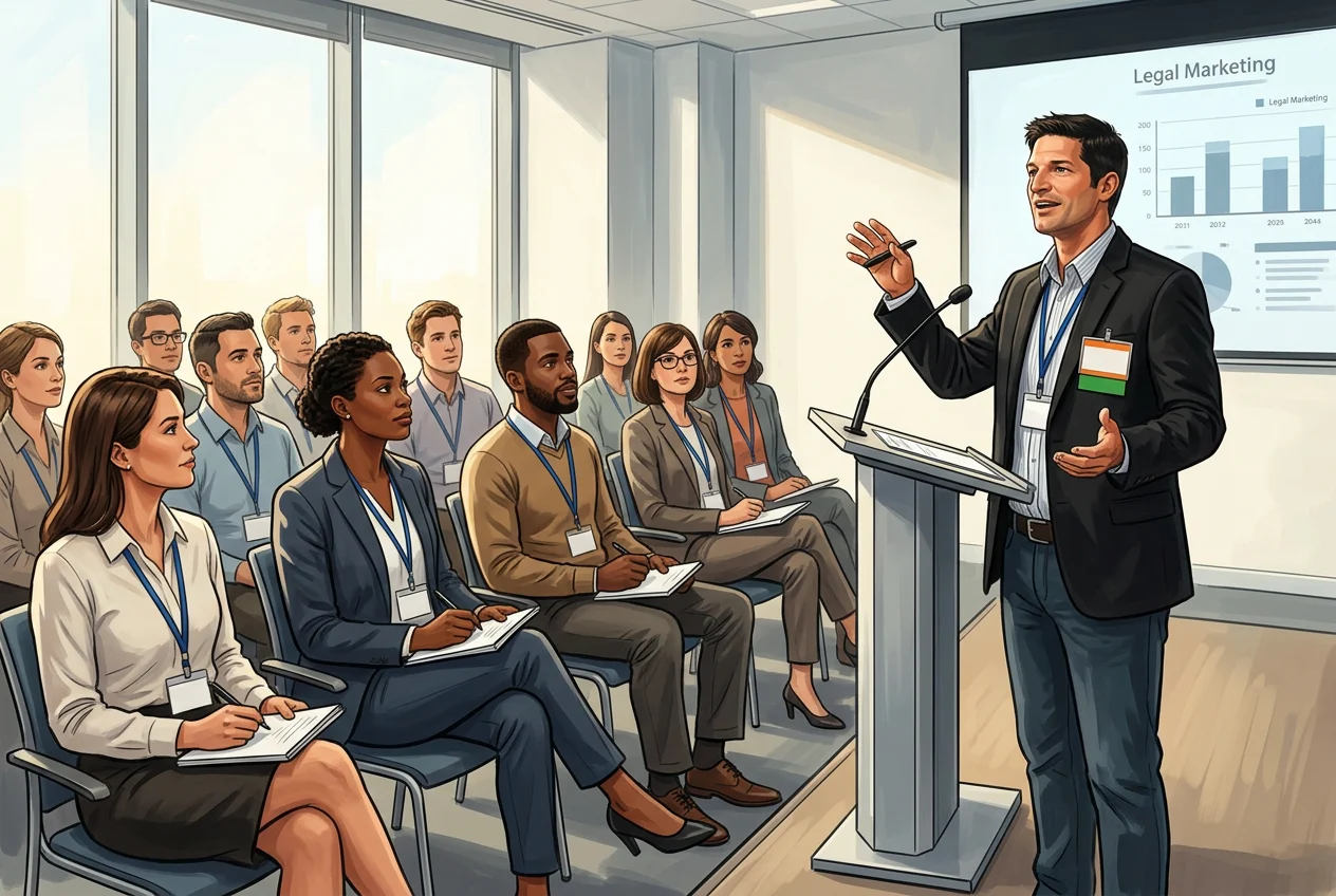 Illustrative scene of Eric speaking to a bar association audience wearing business casual and name badges